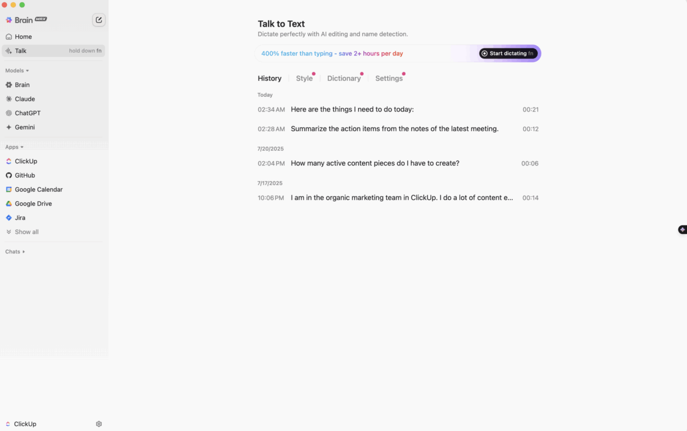 ClickUp Brain MAX: Dictate ideas and notes into it using Talk to Text