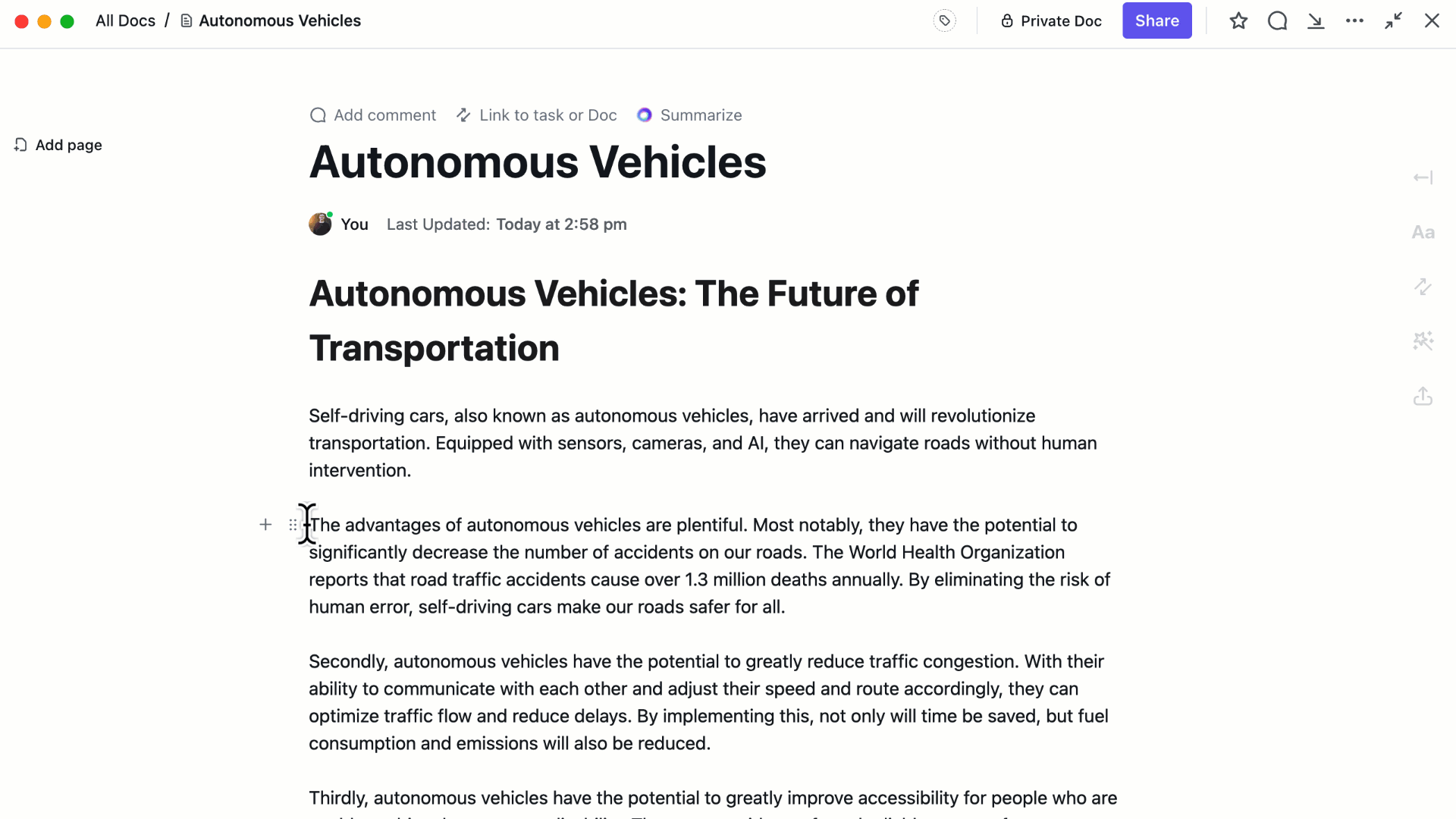 Editing content with AI on ClickUp Docs