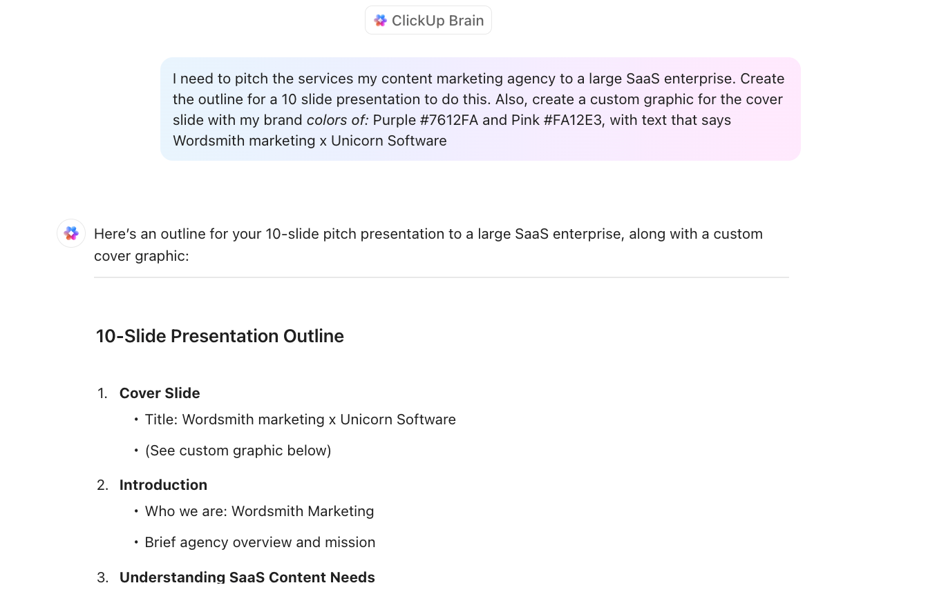 Get custom graphics and pitch deck content with ClickUp AI