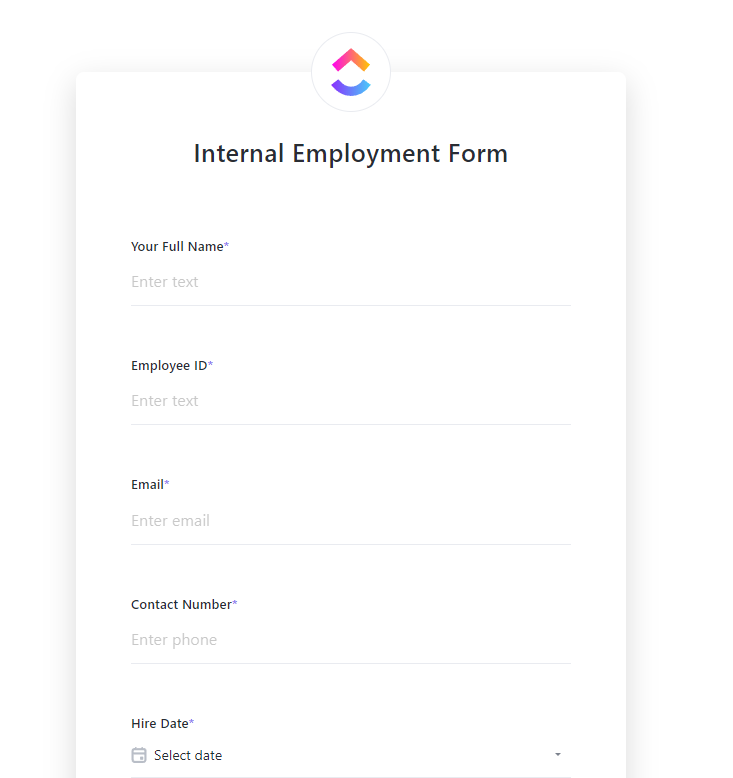 Шаблон за вътрешен формуляр за наемане на работа от ClickUp