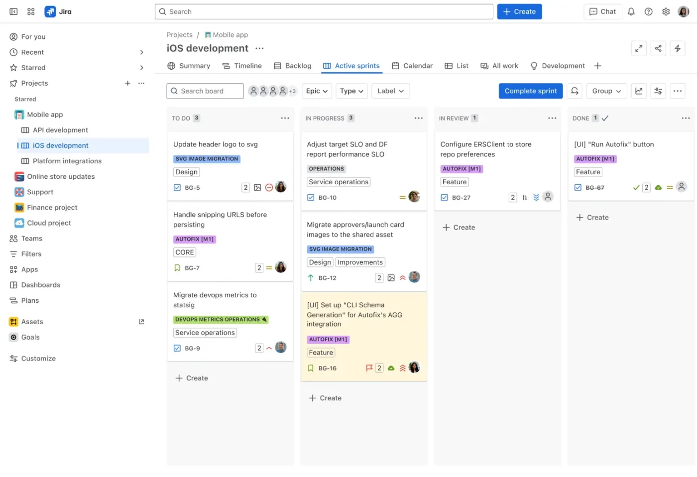 Jira sprint board for iOS development showing tasks grouped by status with labels, assignees, and priority flags