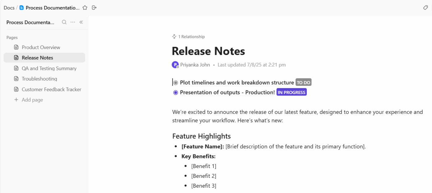 ClickUp Docs, a centralized space where documentation can be created, organized, and stored alongside related tasks and workflows