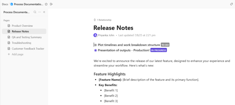 Knowledge base in ClickUp Docs
