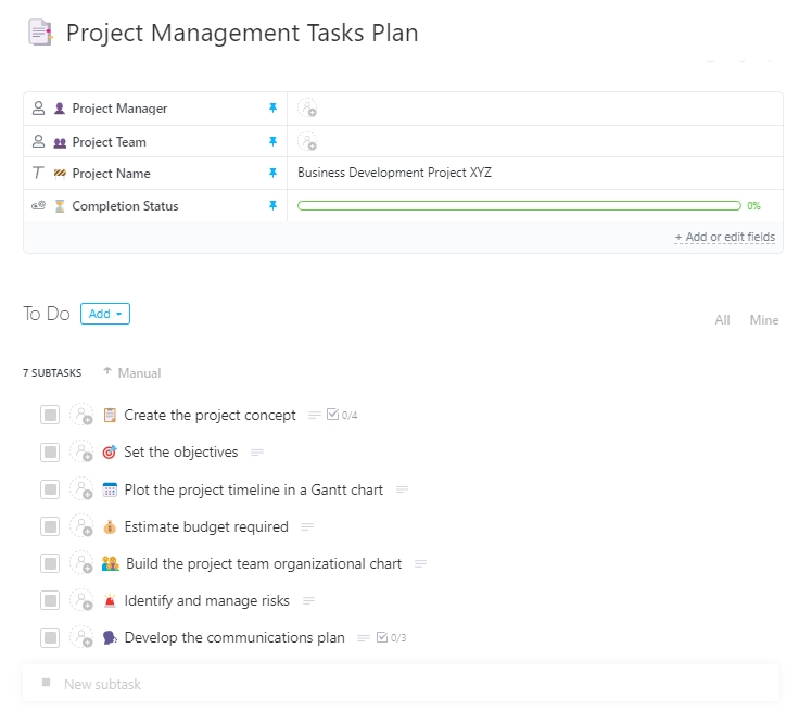 ClickUp Project Management Tasks Plan Template dashboard with charts of task progress and project performance