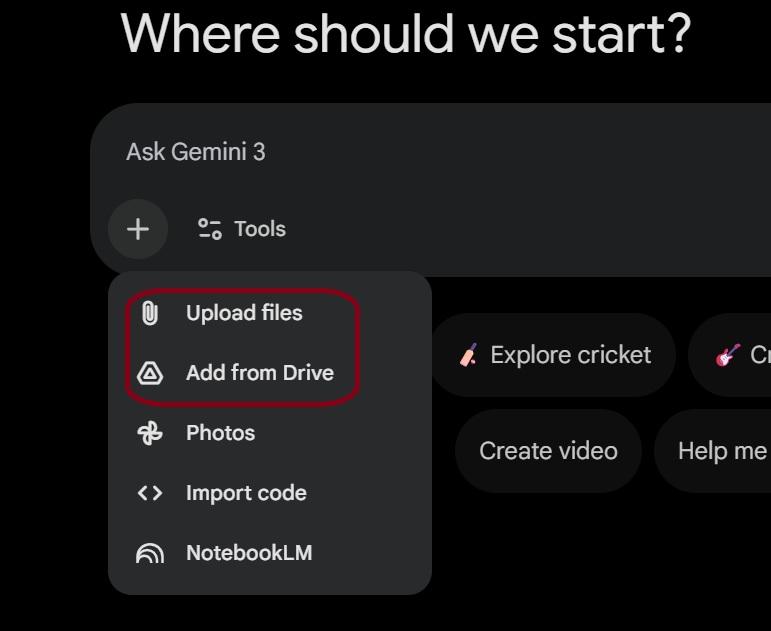 Add files in Gemini using Google Drive or upload files