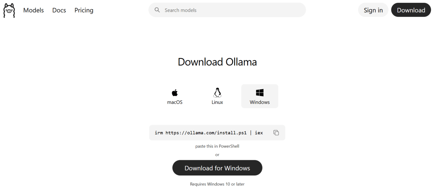 Startseite zum Herunterladen der Ollama-Anwendung