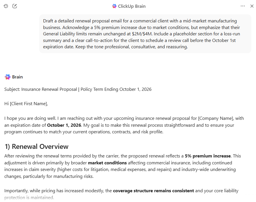 Use ClickUp Brain to write by prompting it in simple language