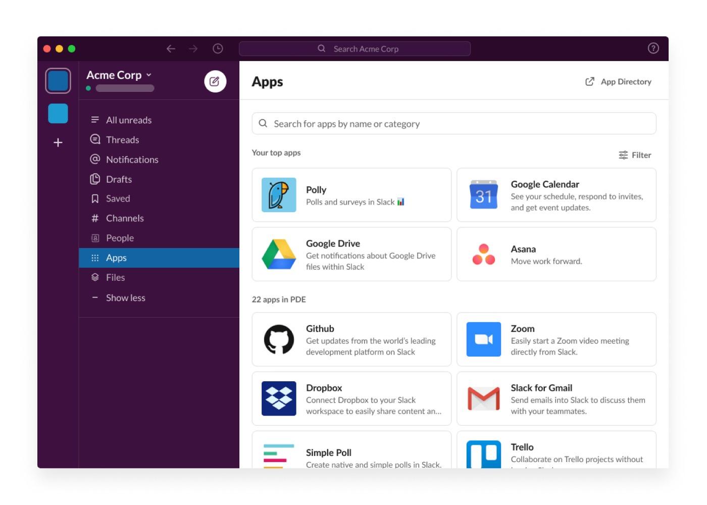 Slack showing a repository of connected apps_Dropbox Dash Alternatives