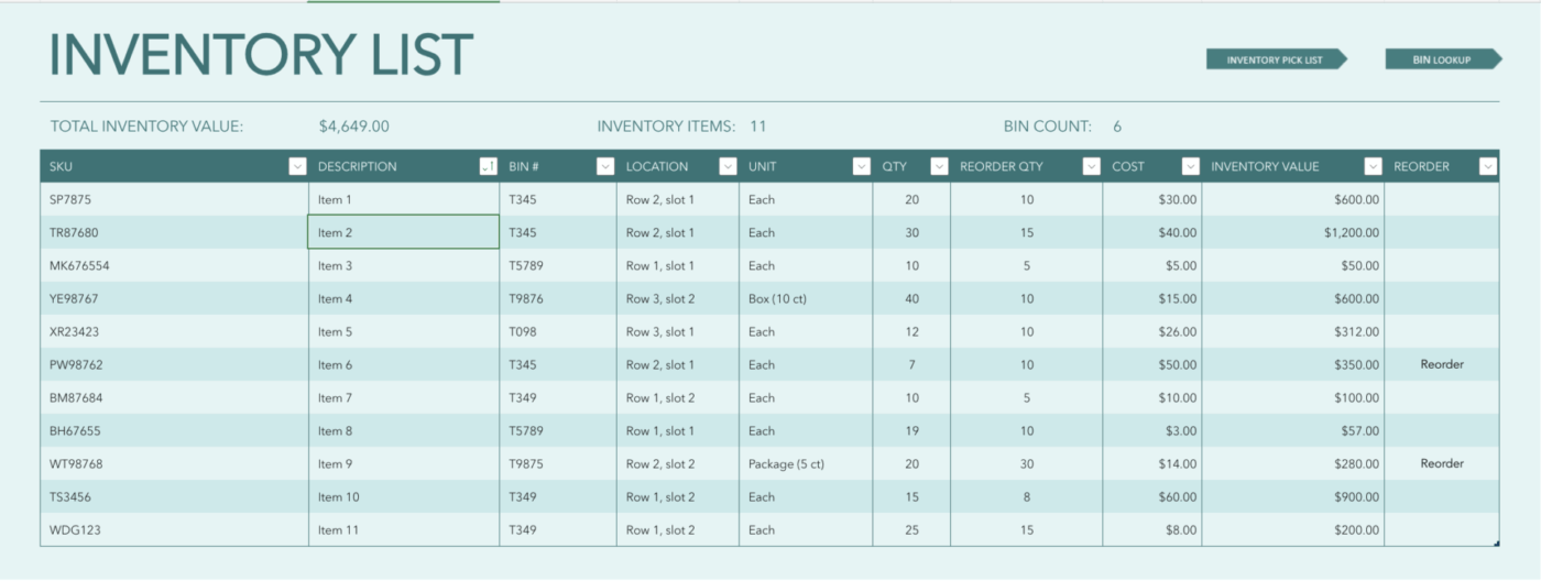 Blue Inventory List by Microsoft for tracking stock inventory