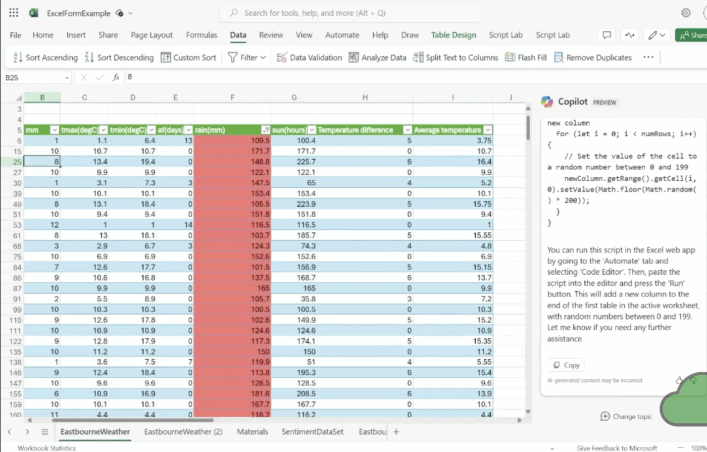 Generating office scripts with Copilot