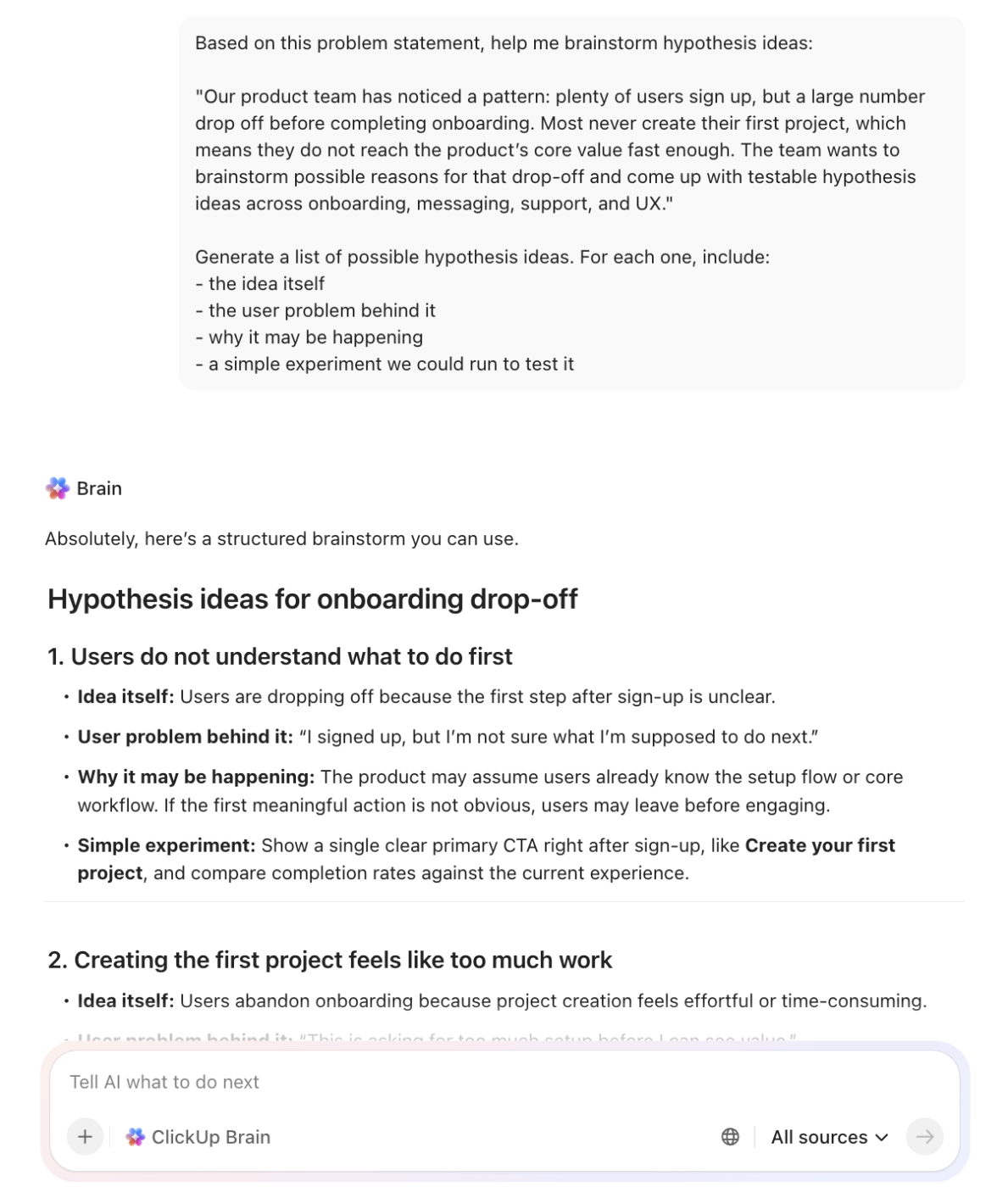 Generate stronger ideas early with ClickUp Brain: Hypothesis tracking templates