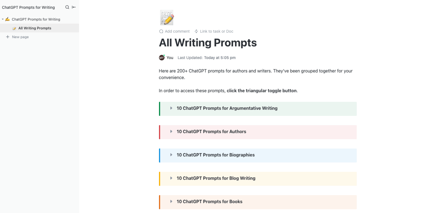 Tạo thư viện lời nhắc tập trung và có thể chỉnh sửa bằng ClickUp Tài liệu