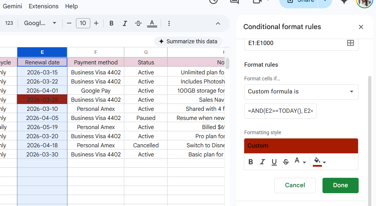 előfizetés-követő a Google Táblázatokban