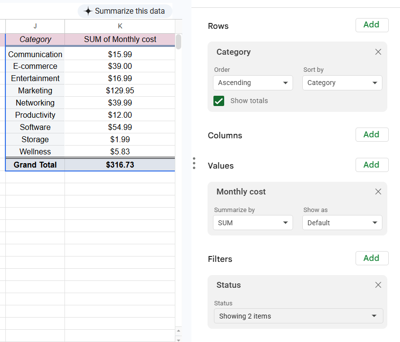 előfizetés-követő a Google Táblázatokban