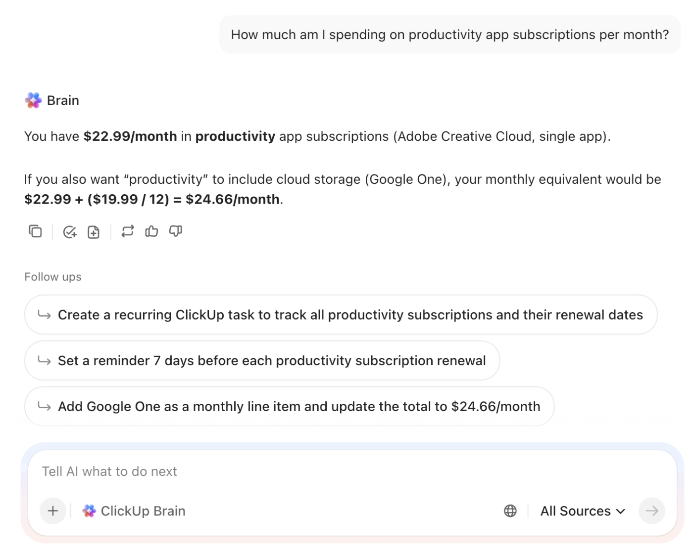 Használja a ClickUp Brain alkalmazást a Google Sheets előfizetés-nyomkövető alternatívájaként.