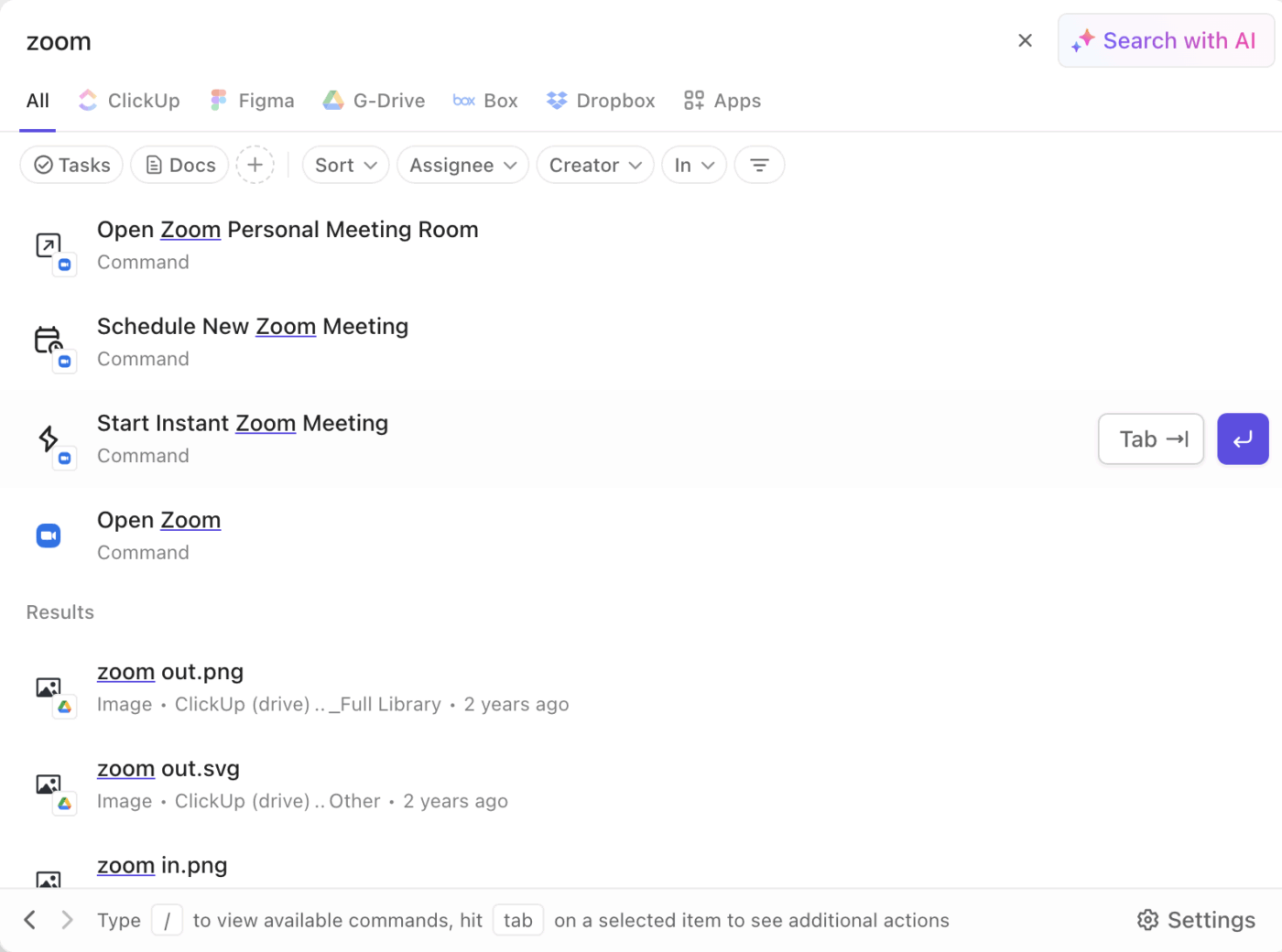 Open a personal meeting room, attend scheduled meetings, and get meeting notes in your ClickUp Inbox with the ClickUp Zoom Integration