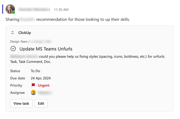 Consolidate relevant details in tasks for a complete context using the ClickUp Microsoft Teams Integration