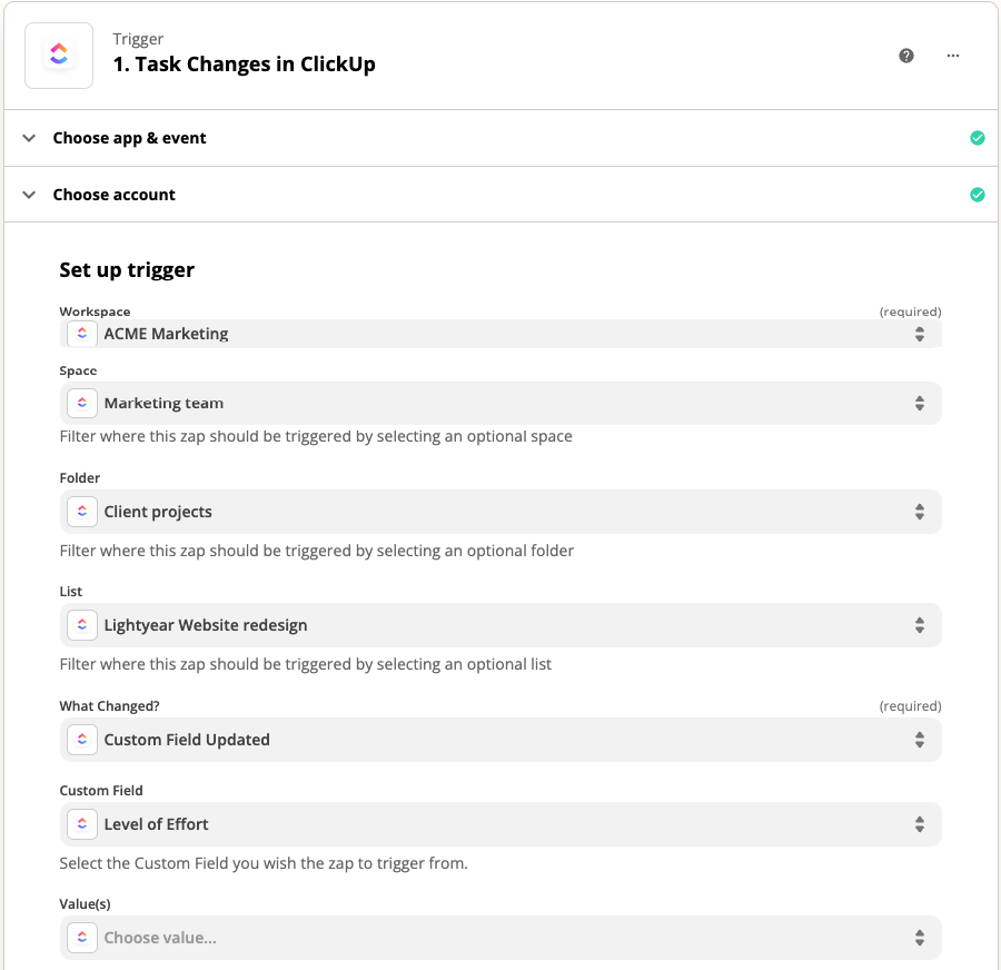 Set up a trigger to monitor Custom Field changes in a specific location of your Workspace using the Zapier ClickUp Integration