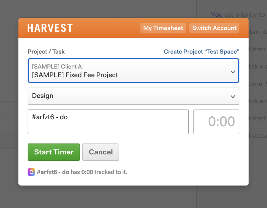 Use the ClickUp Harvest Integration to track time in a ClickUp Task