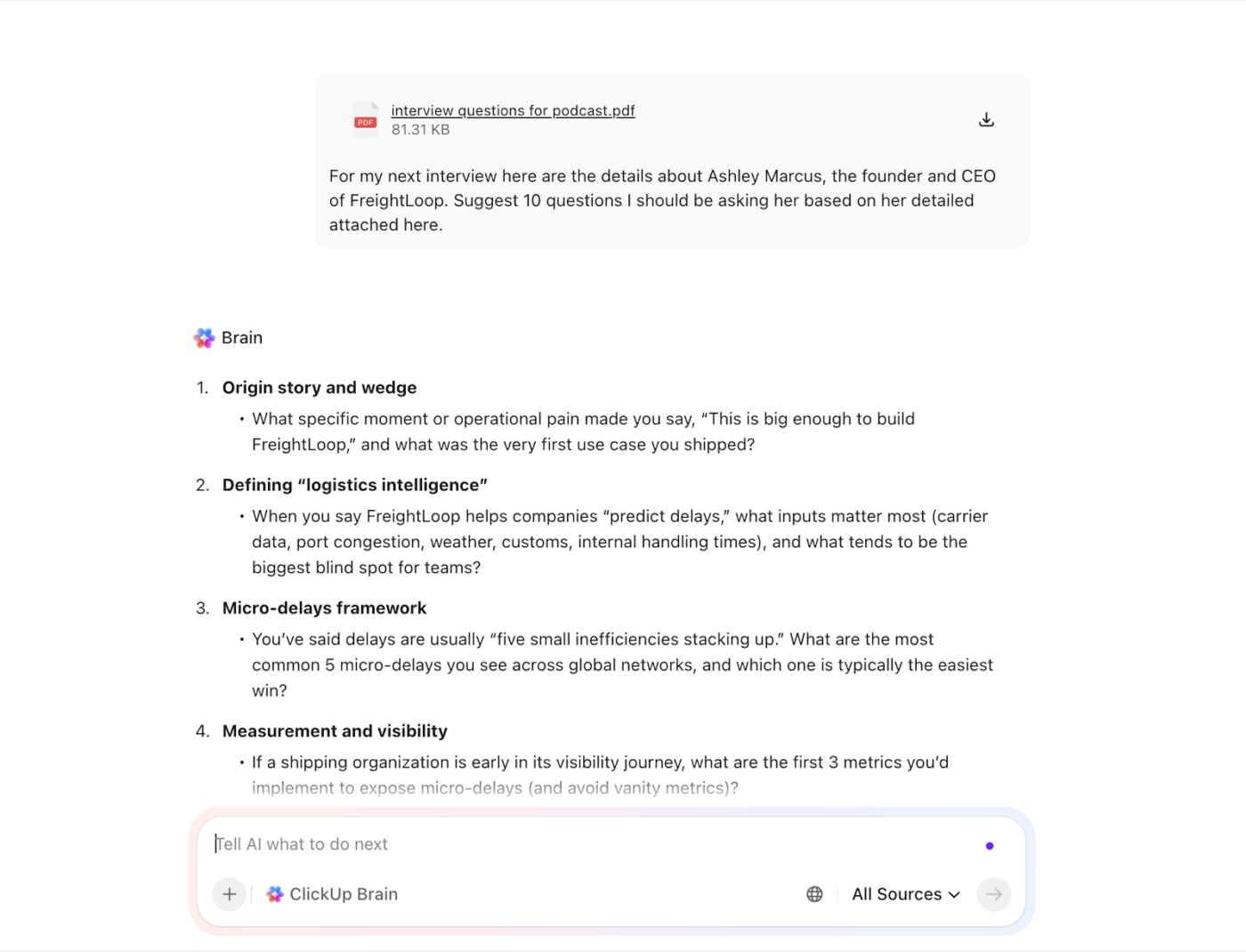 Use ClickUp Brain as your podcast brainstorming partner