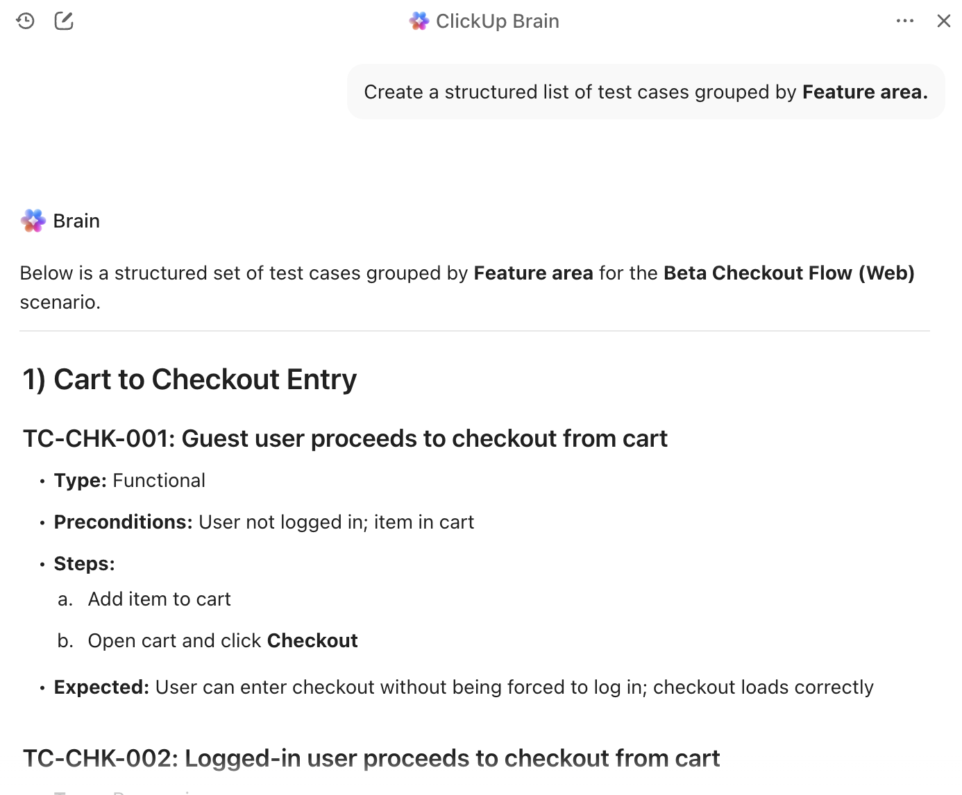 Genereer ontbrekende testcases en vat fouten samen in bugrapporten met ClickUp Brain: sjablonen voor het bijhouden van bèta-programma's.