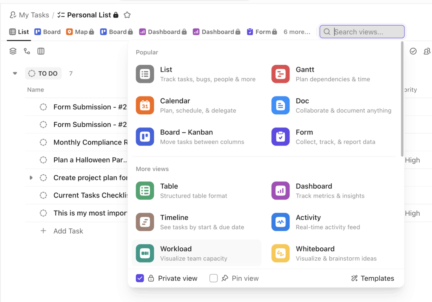 Give everyone on your team the flexibility to visualize, organize, and track exactly what they need with ClickUp Views