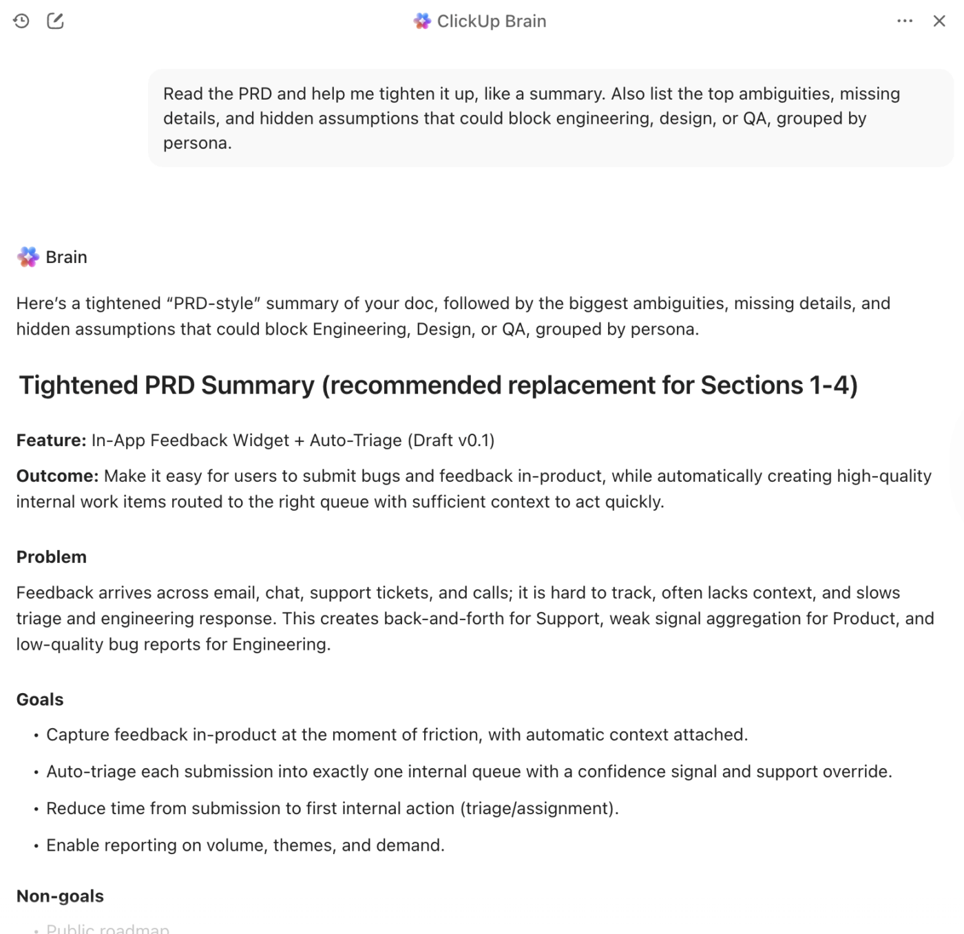 Use ClickUp Brain to catch missing requirements and edge cases before stakeholder review