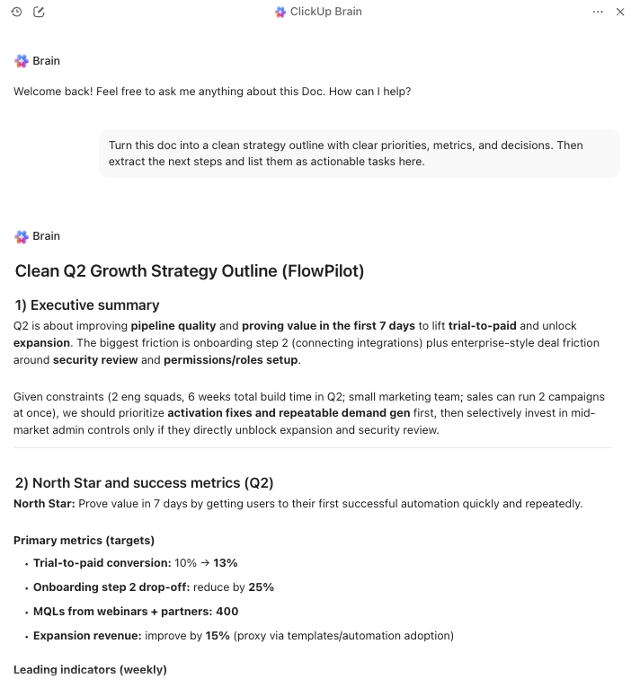 Lead Scoring Template: Summarize strategy notes and turn decisions into next steps with ClickUp Brain