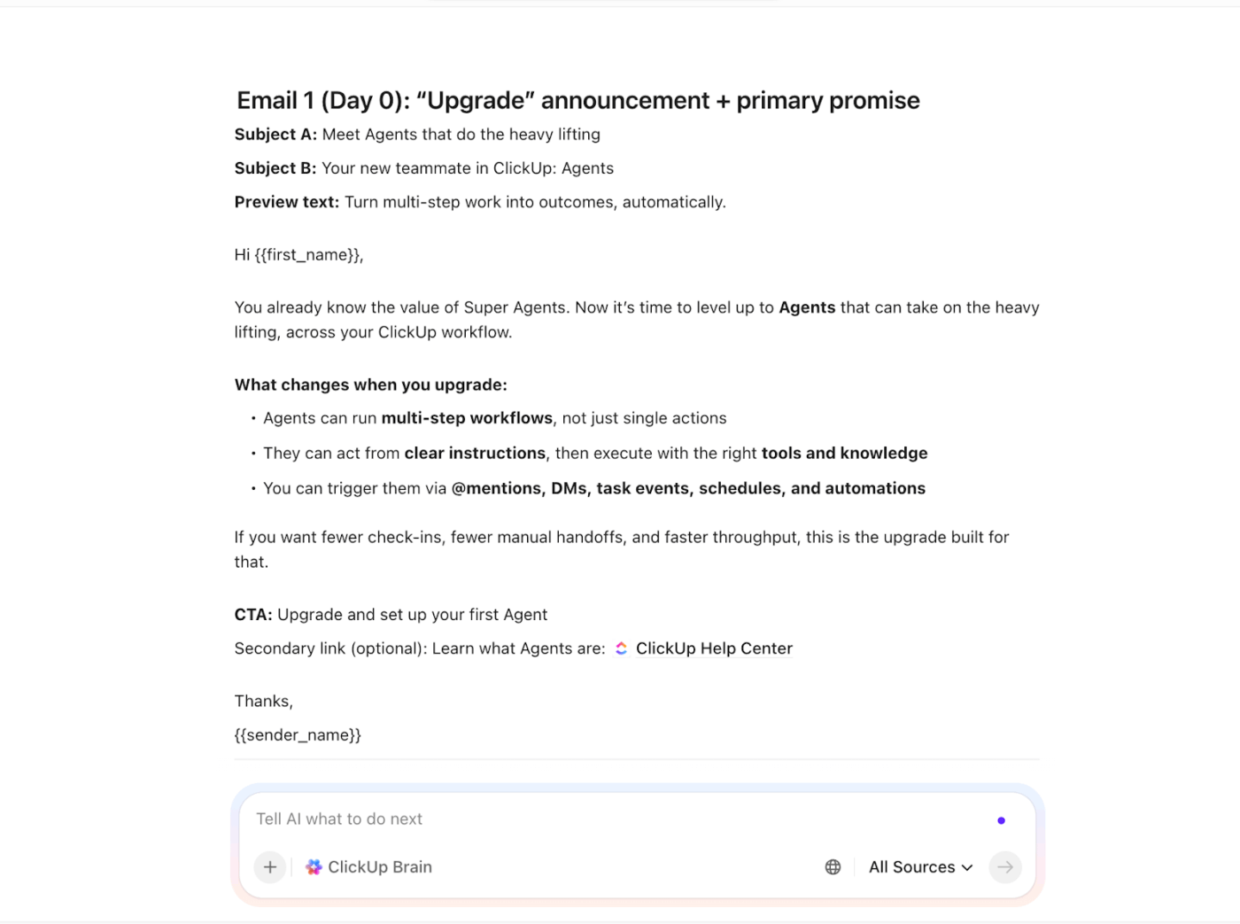 Use ClickUp Brain to write 100% contextual emails: how to build ai agents for sales team
