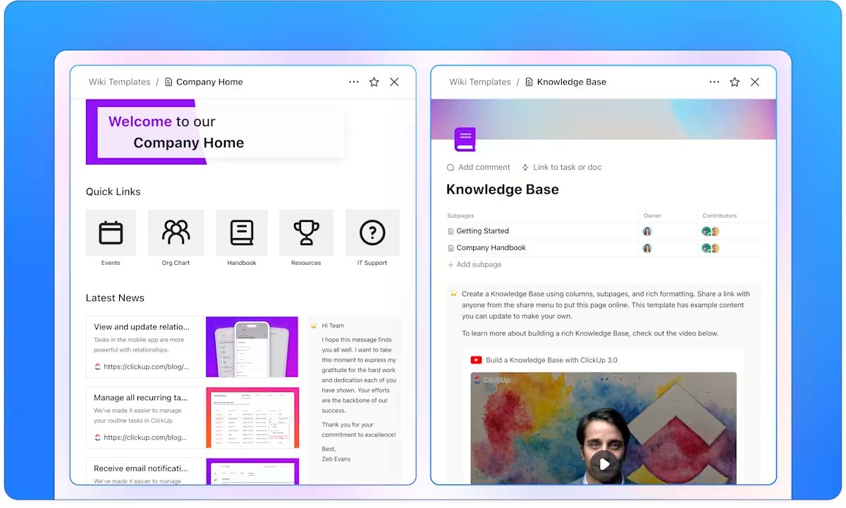 Create a wiki-style knowledge base with ClickUp Docs ClickUp Docs interface showing a wiki-style knowledge base created with ClickUp Docs