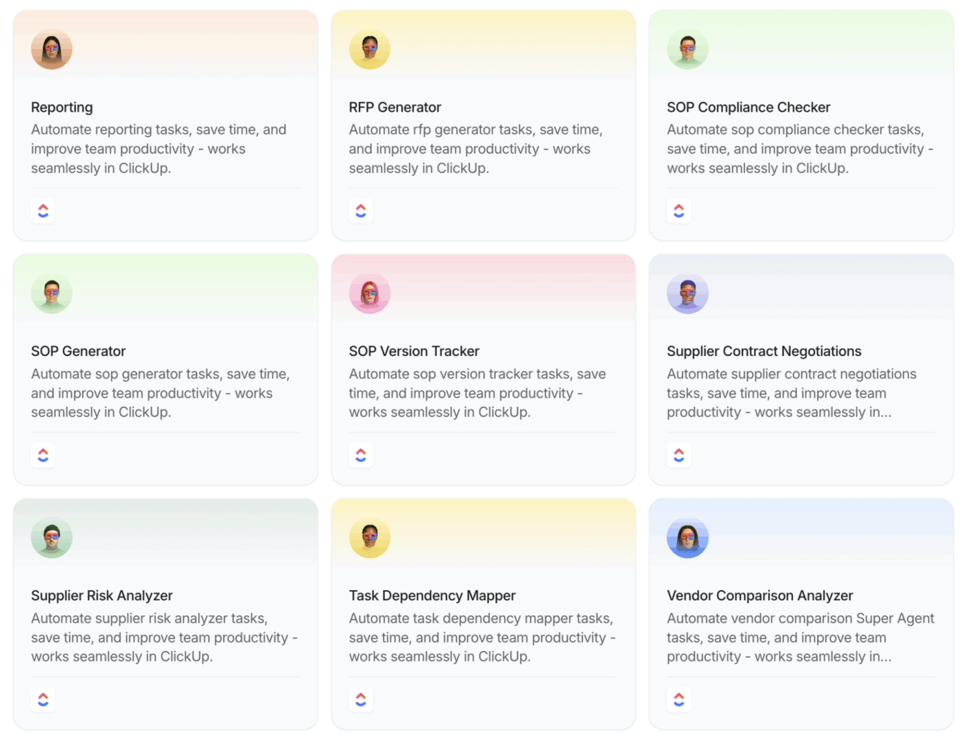 Deploy specialized governance agents from ClickUp's AI Agents Directory