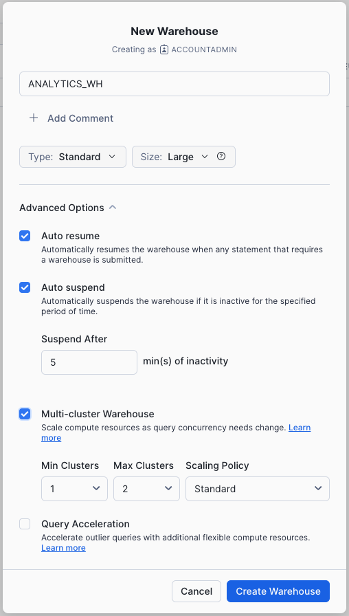 Click the Create Warehouse button to create the warehouse