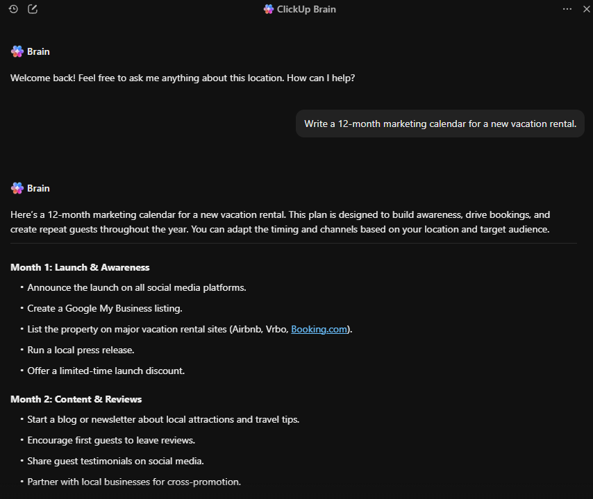 Use ClickUp Brain to brainstorm content ideas and find context-aware answers to your queries