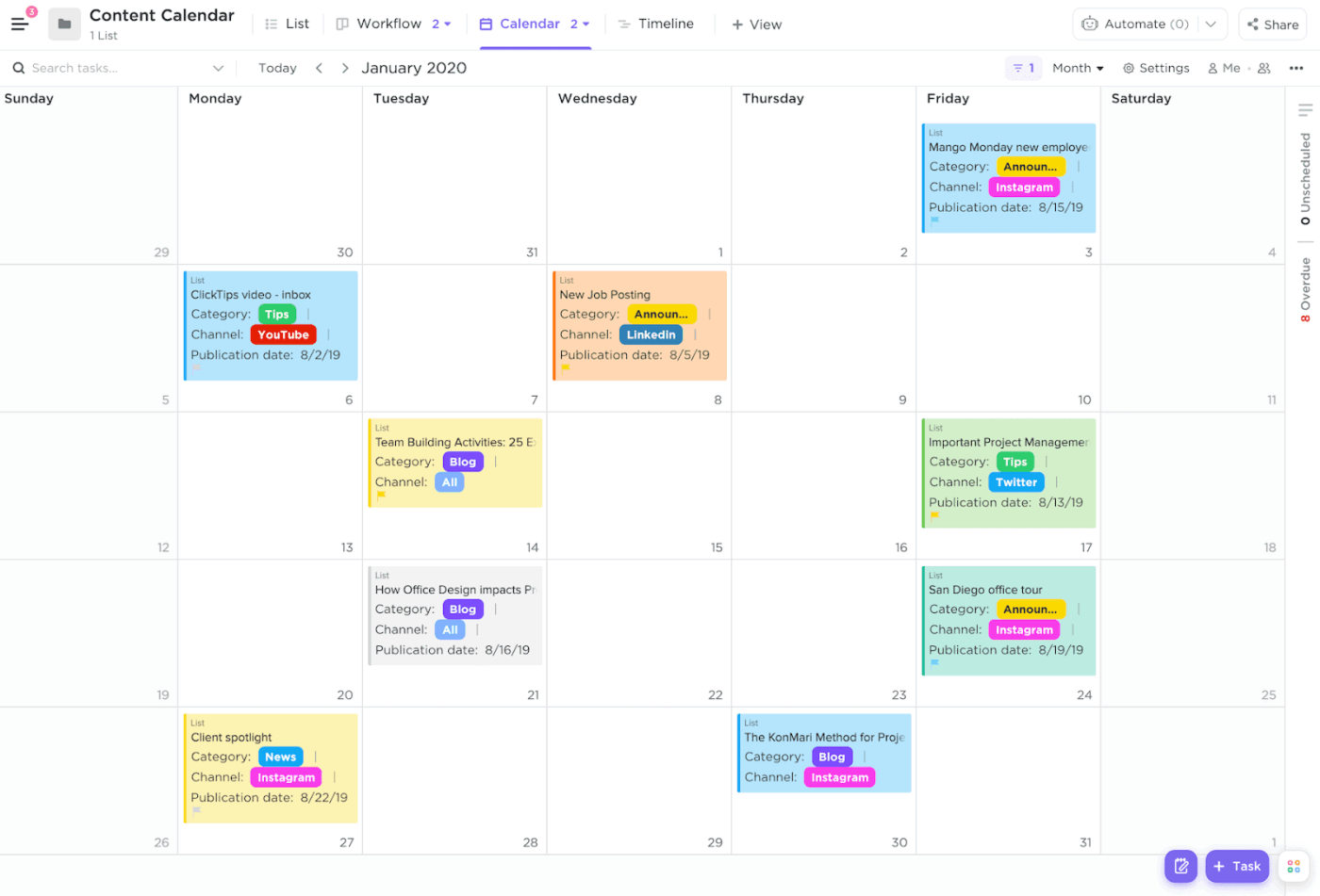 Use daily, weekly, or monthly views to see exactly what is going live and when in the ClickUp Calendar View: Marketing Strategies for Vacation Rental