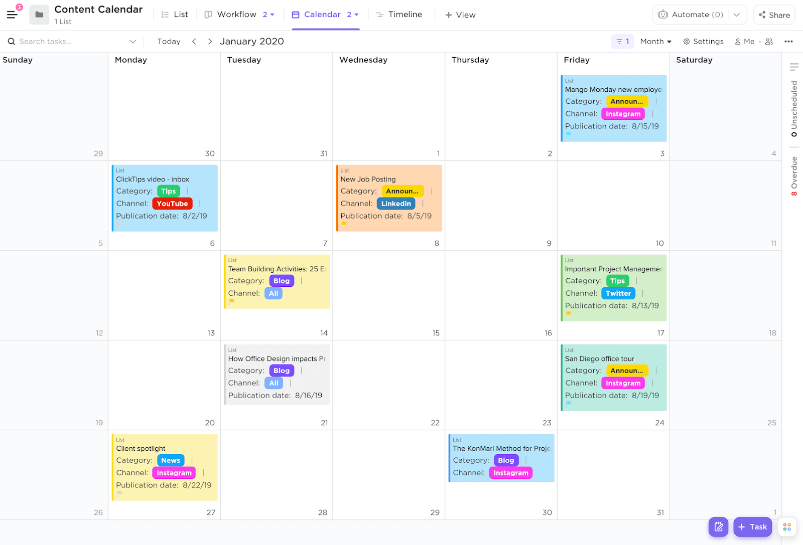 Use daily, weekly, or monthly views to see exactly what is going live and when in the ClickUp Calendar View: Marketing Strategies for Vacation Rental