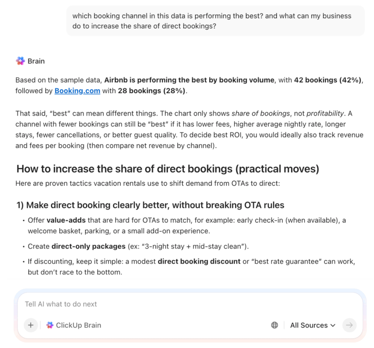 Get context-aware insights on your vacation rental business using ClickUp Brain's smart AI: Marketing Strategies for Vacation Rental featured image