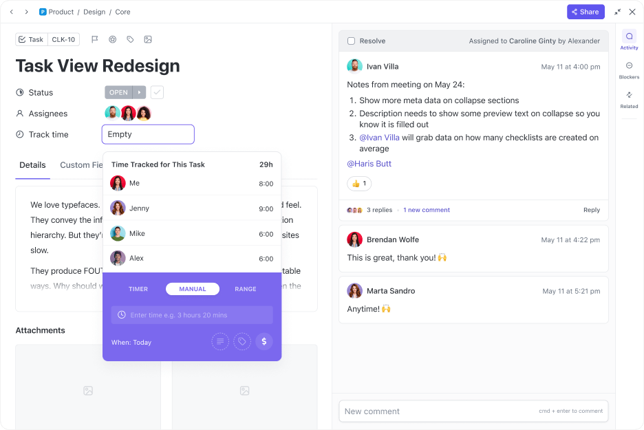 Track time within a ClickUp Tasks while also creating Custom Fields for a complete workflow overview: Focalboard vs ClickUp