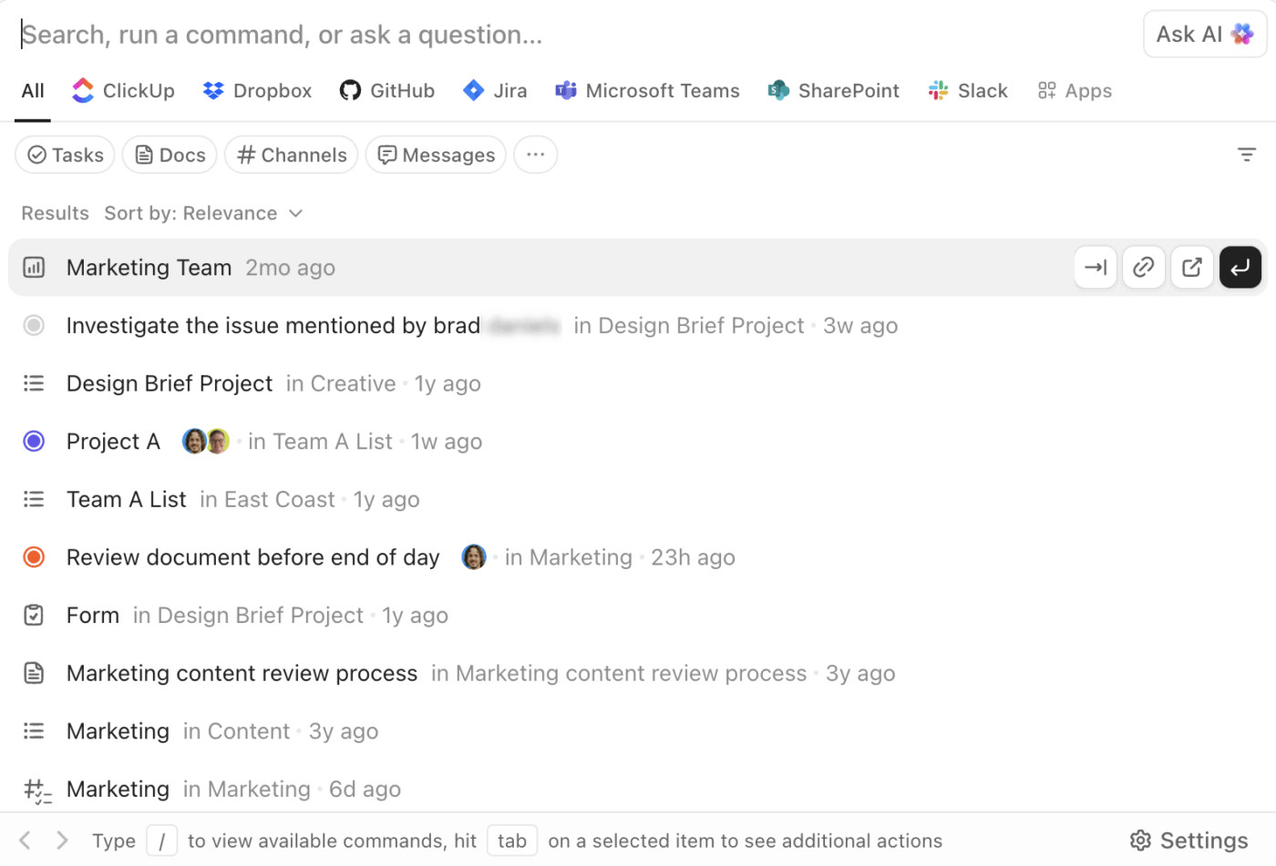 Pull approved writing context faster with the ClickUp AI Command Bar: PromptOps Templates