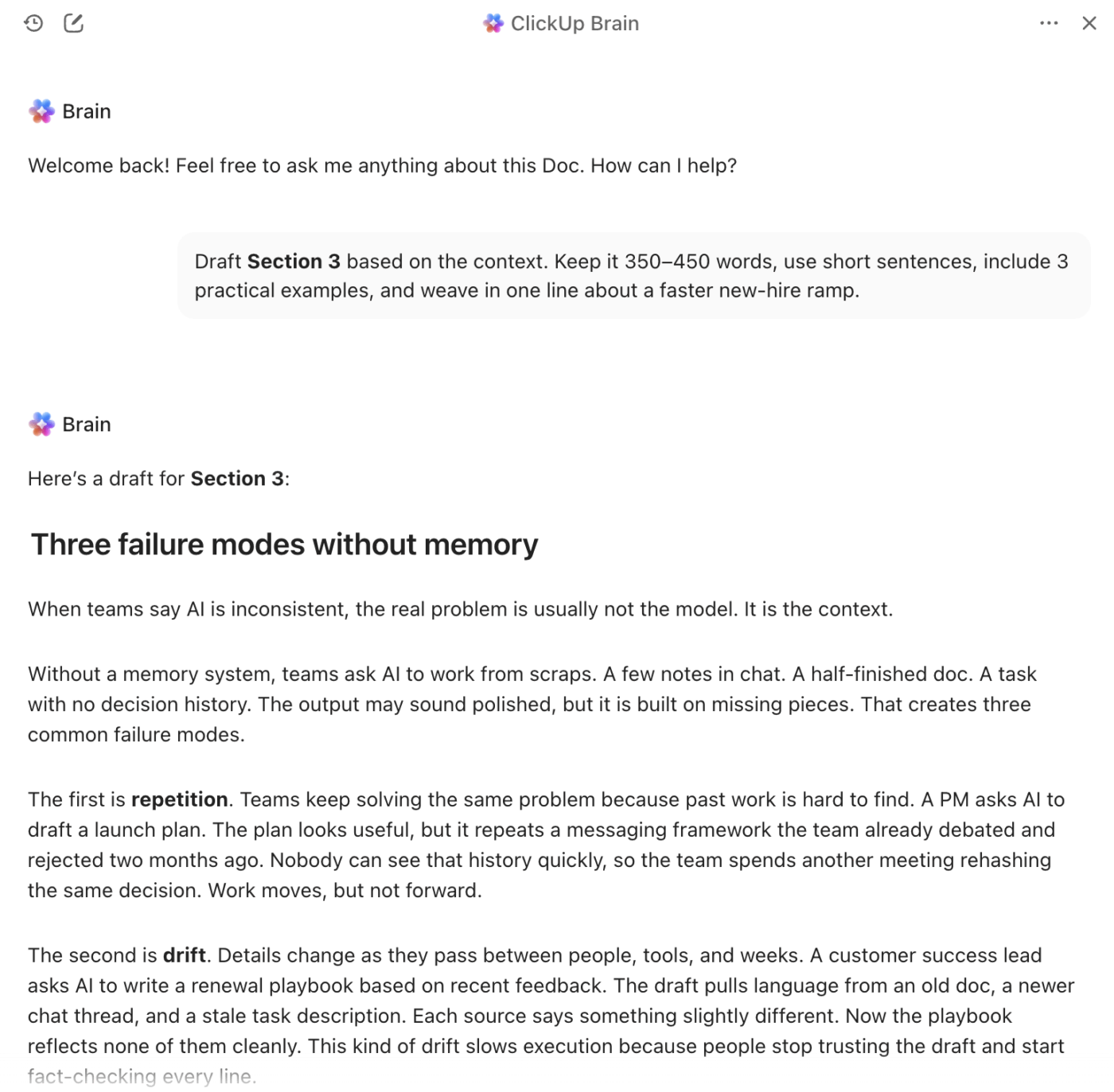 Draft and improve your copy with ClickUp Brain: PromptOps Template