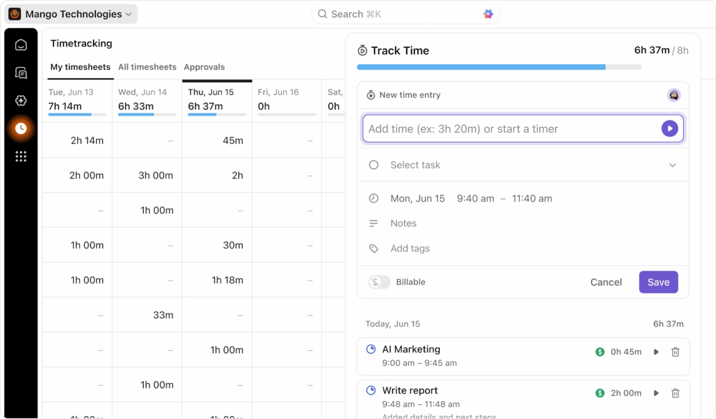 hitask vs. clickup: Keep tabs on how you’re spending your time with ClickUp Time Tracking