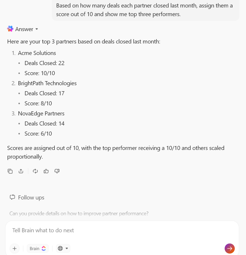 Beoordeel partners op basis van hun recente of realtime prestaties met ClickUp Brain.