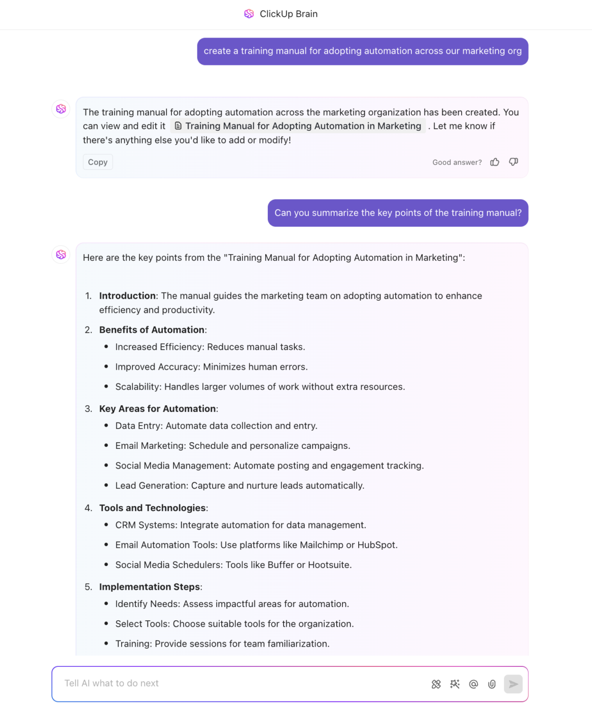 Maak diepgaand trainingsmateriaal met ClickUp Brain