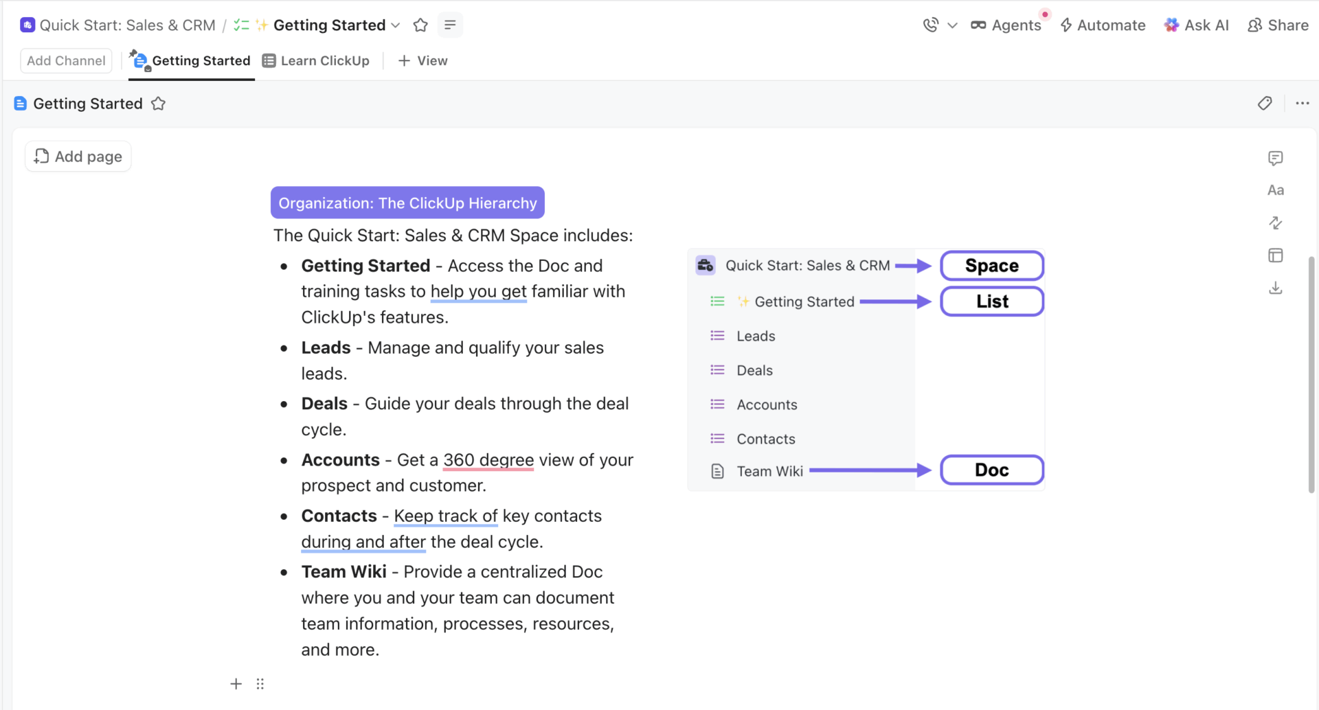Get up and running quickly with the Quick Start: Sales and CRM Template by ClickUp