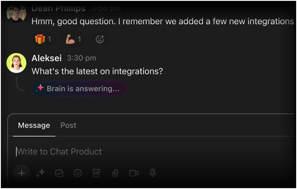 ClickUp Brain w ClickUp Chat podsumowuje rozmowy i tworzy zadania na podstawie wiadomości