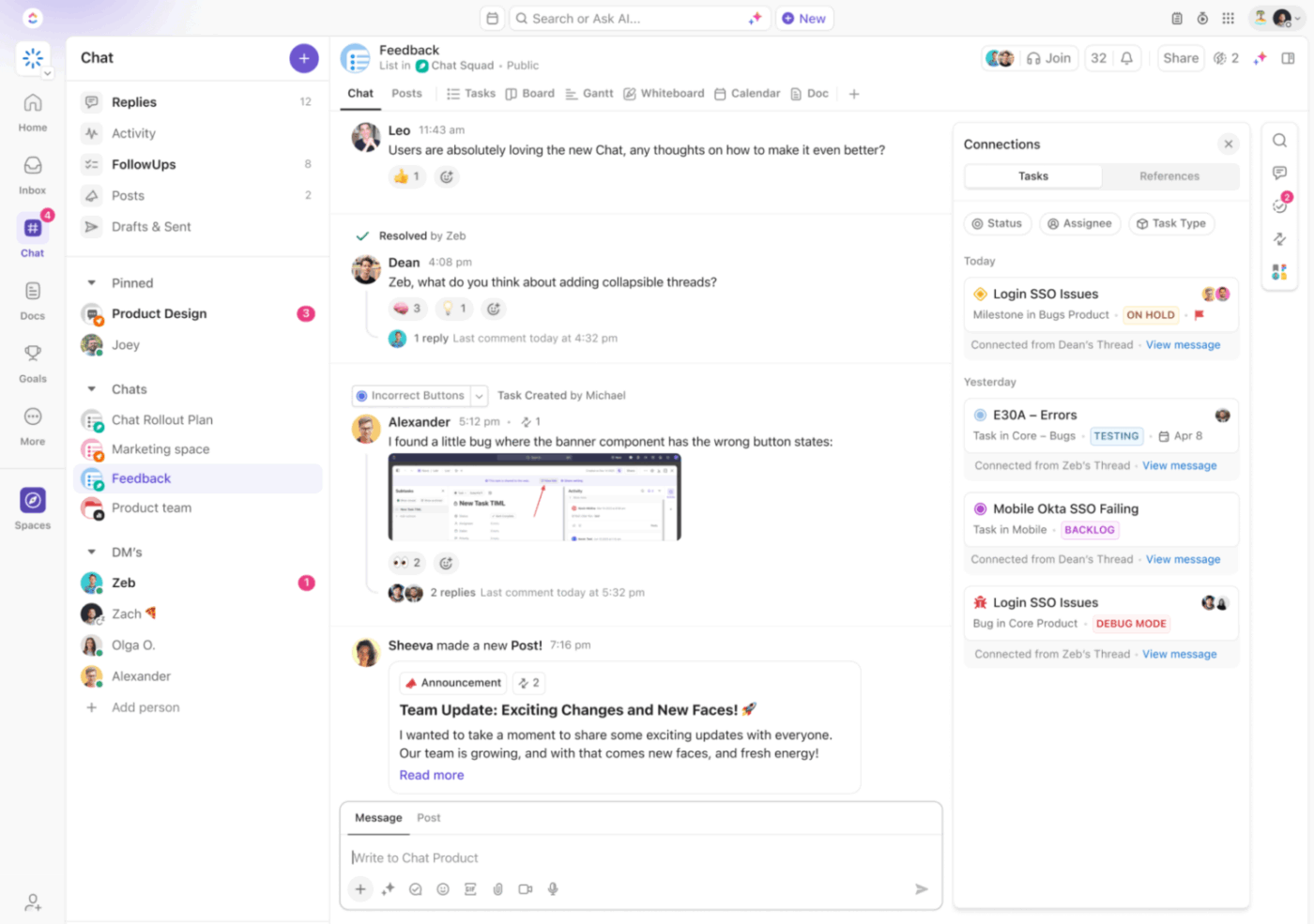 Zentralisieren Sie Team-Unterhaltungen und setzen Sie Nachrichten mit ClickUp Chat in Taten um
