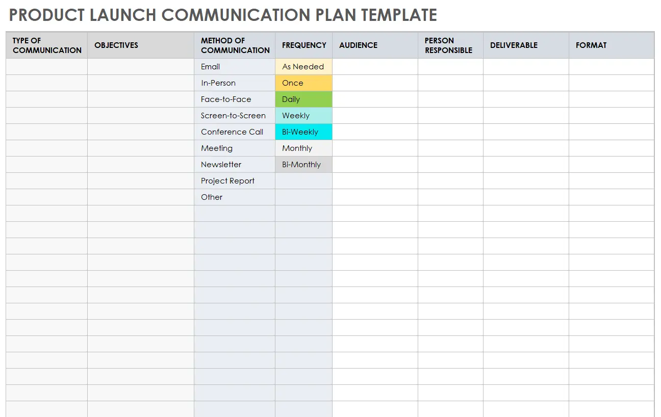 Smartsheet’s Product Launch Communication Plan Template helps teams map internal launch updates by purpose, audience, method, frequency, and deliverables
