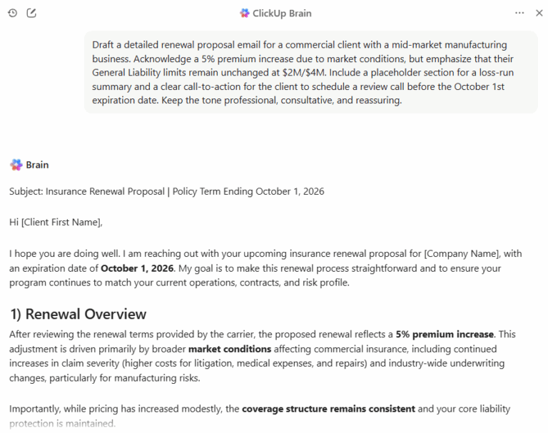 Use ClickUp Brain to draft and edit emails or policy documents within seconds