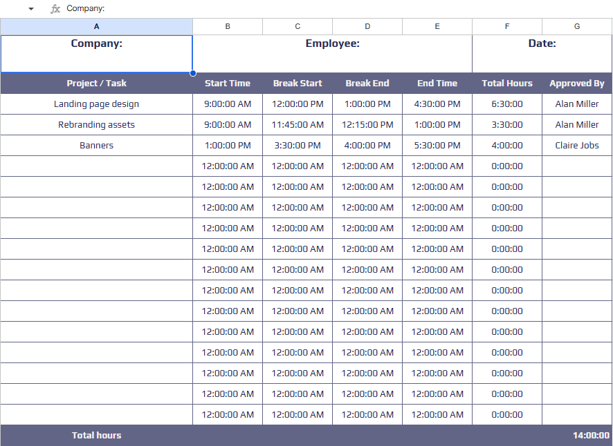 출처: 일일 타임시트 템플릿