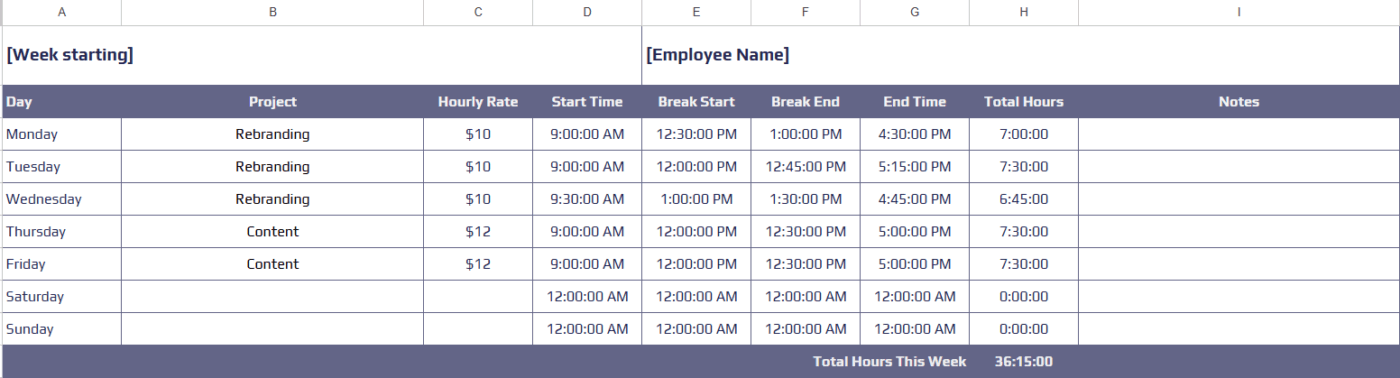 출처: 주간 타임시트 템플릿
