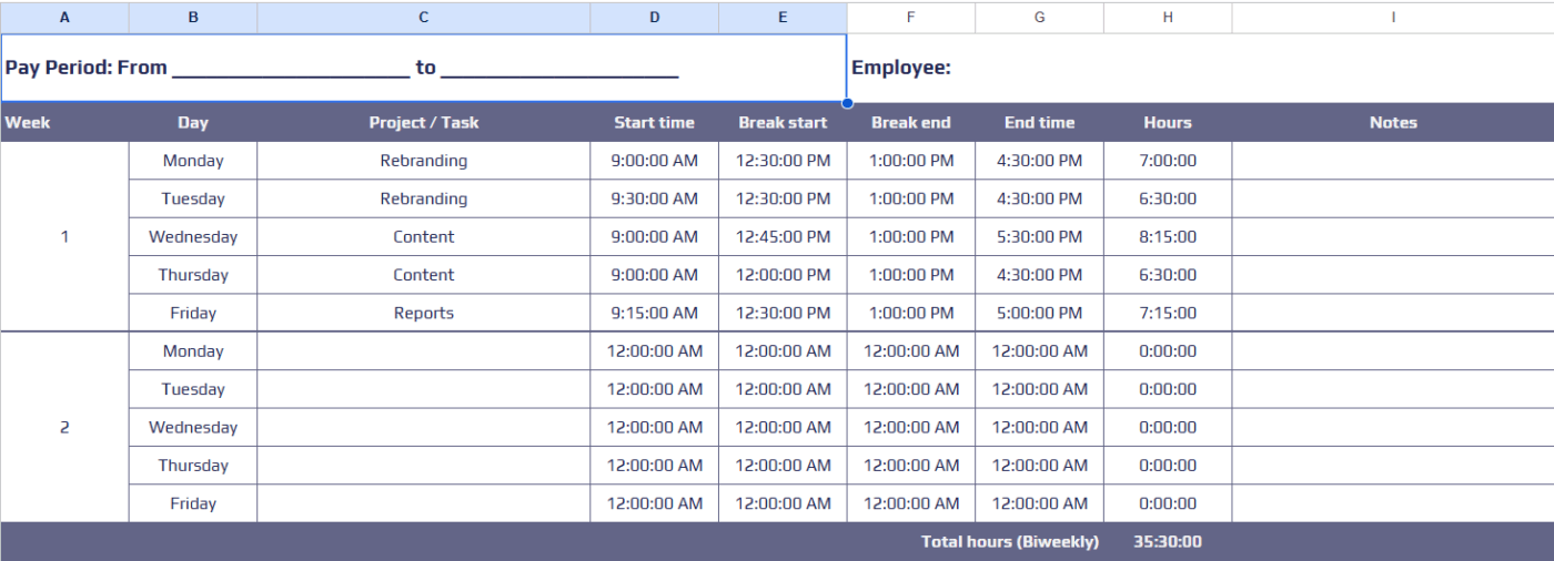 출처: 격주 타임시트 템플릿